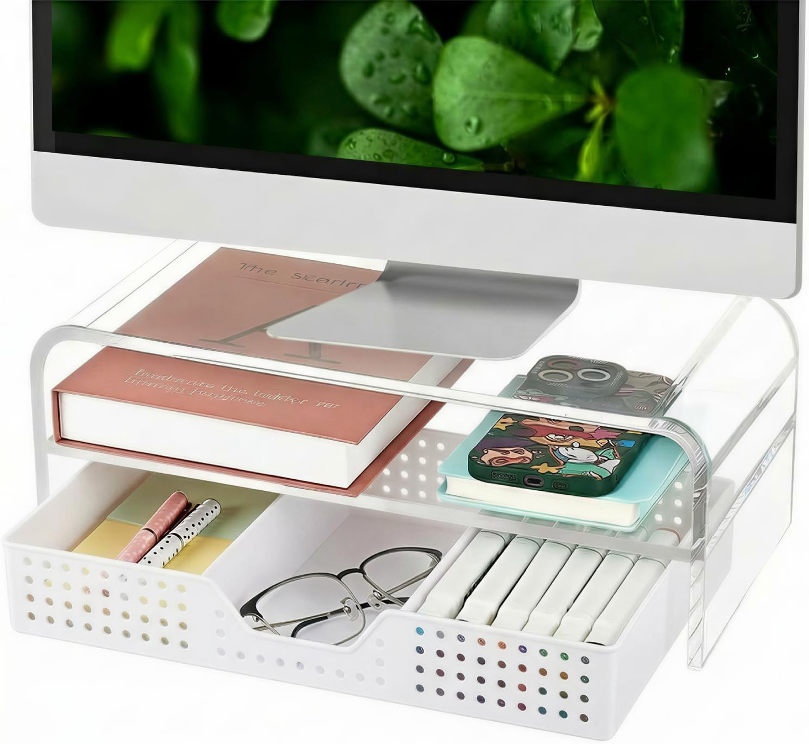 Desk Organizer Computer Monitor Stand Riser with Drawer and Pen Holders Office