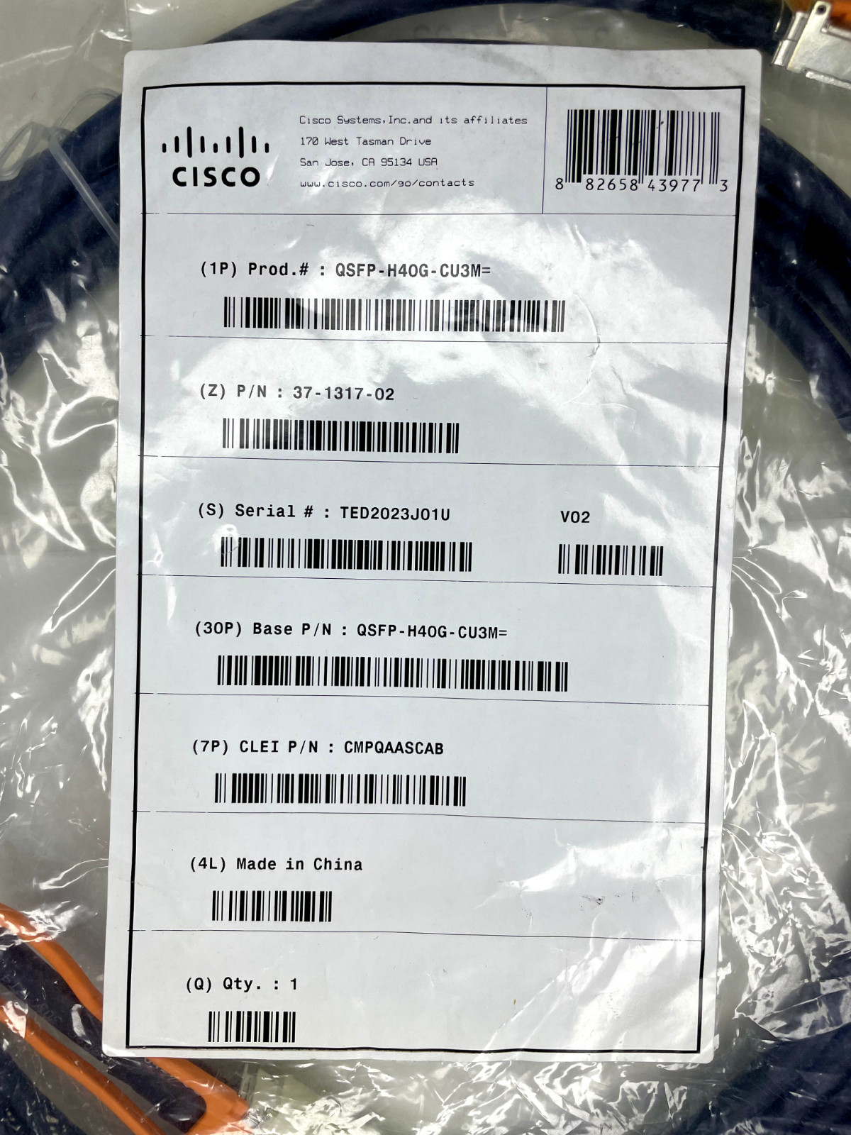 Cisco QSFP-H40G-CU3M 40GBASE-CR4 Passive Copper DAC Direct-Attach Cable 3M