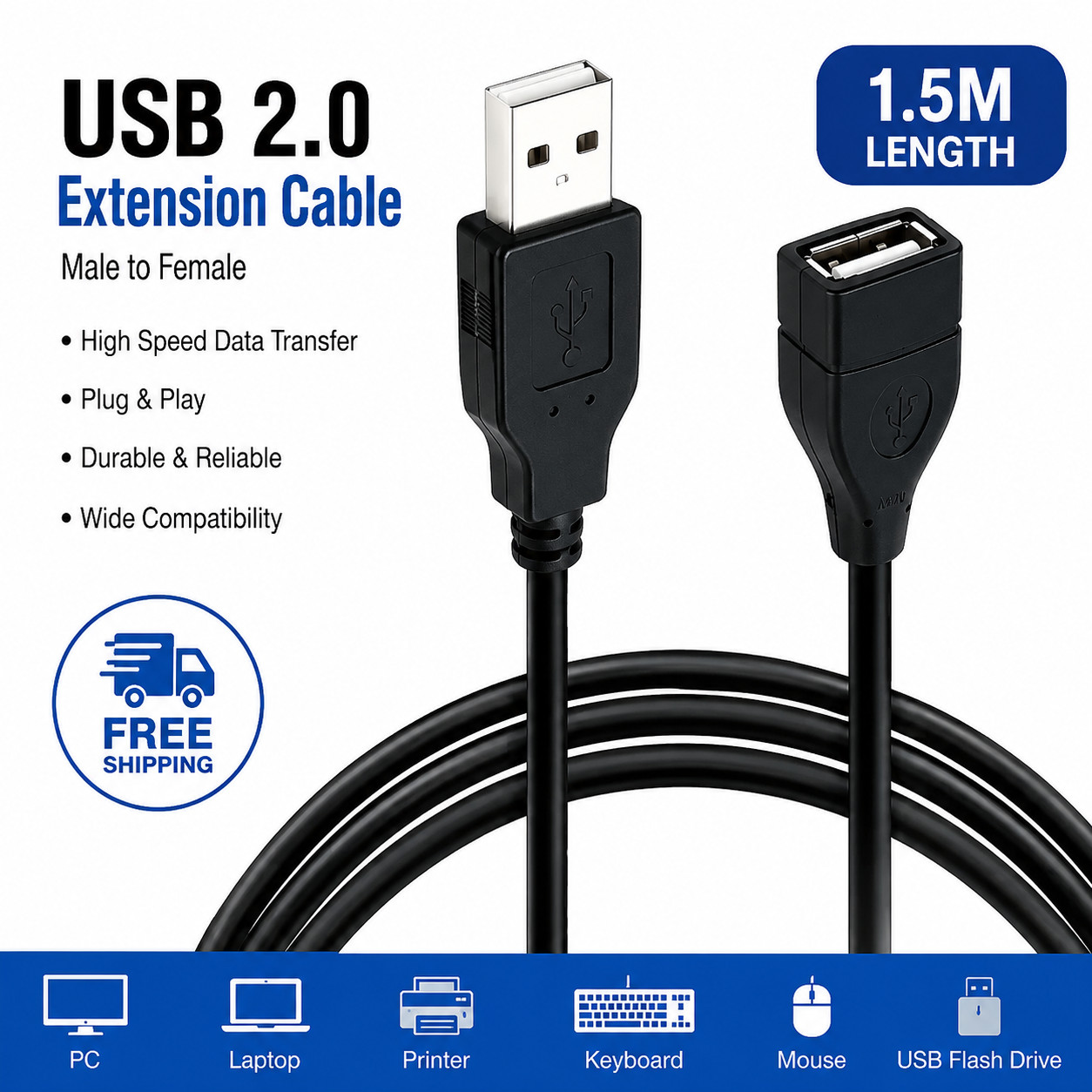 High-Speed USB-USB Extension Cable USB 2.0 Adapter Extender Cord Male/Female LOT