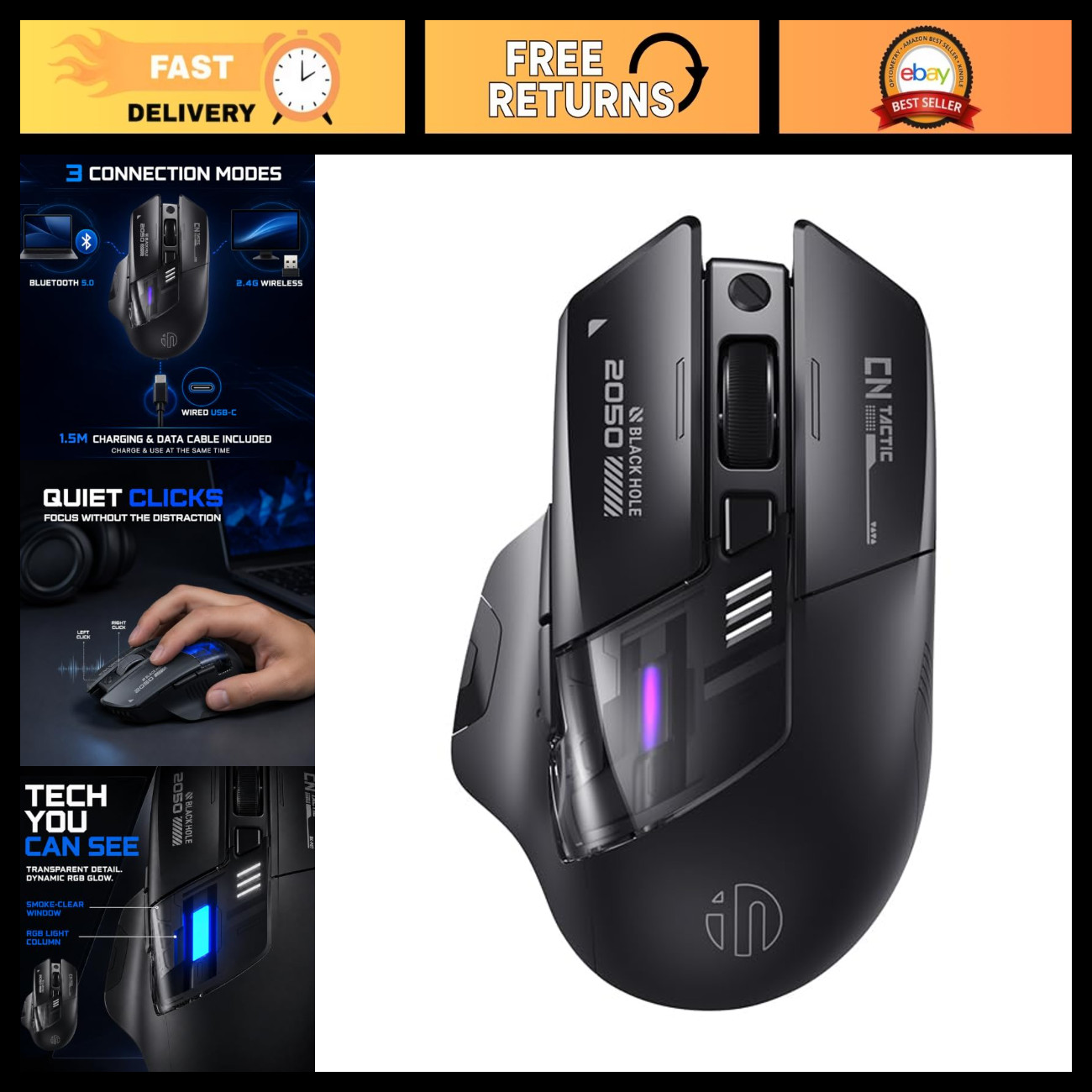 Wireless Gaming Mouse 12800 DPI - Silent, Ergonomic, RGB LED, High Precision