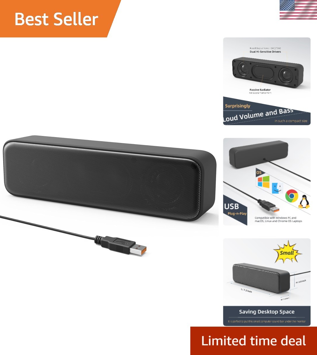Compact USB Computer Speakers with Enhanced Bass for Desktop & Laptop Use