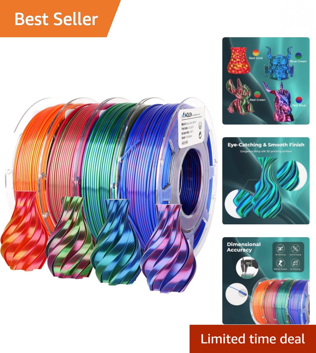 Silk PLA 1.75mm Multi Color 3D Printing Filament - 4 Spools for Artists