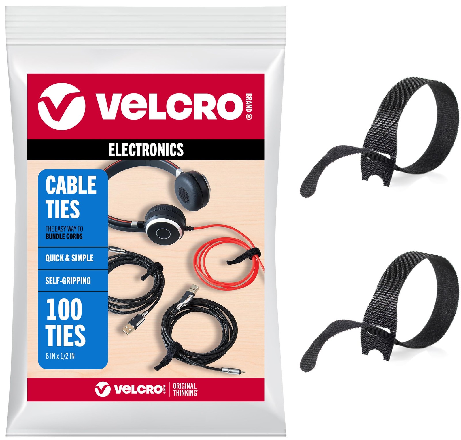 VELCRO Brand Reusable Cable Ties, Practical Tech Gifts for Men, 100 Pack 6 Inch
