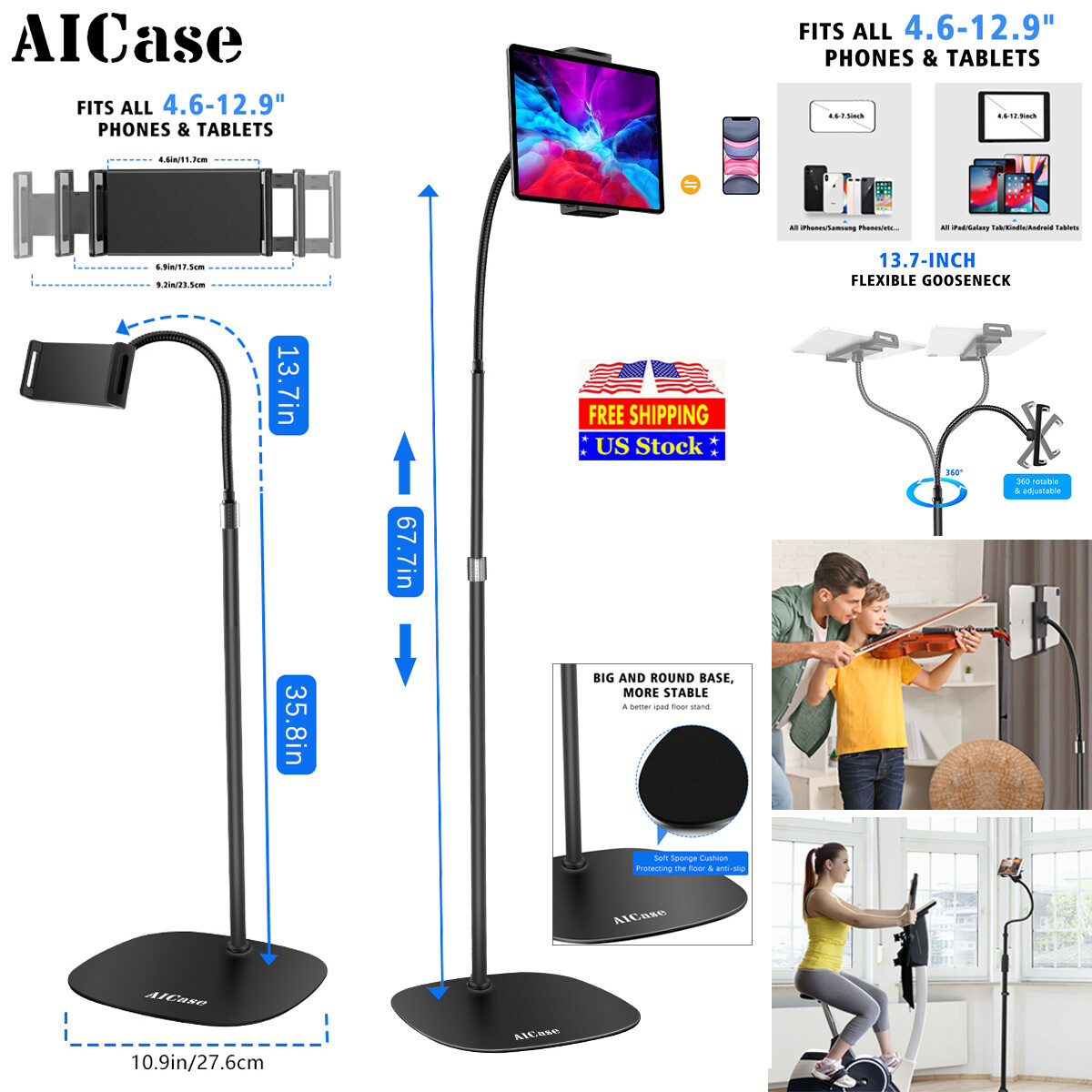 Height Adjust Gooseneck Floor Stand Tab iPad Pro Air Phone Aluminum Mount Holder