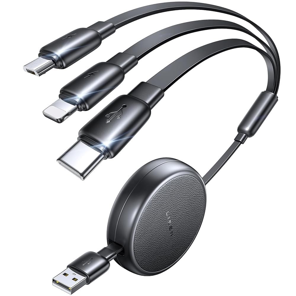 LISEN Multi Charging Cable, Retractable Car Charger for Multiple 3.7FT, Black