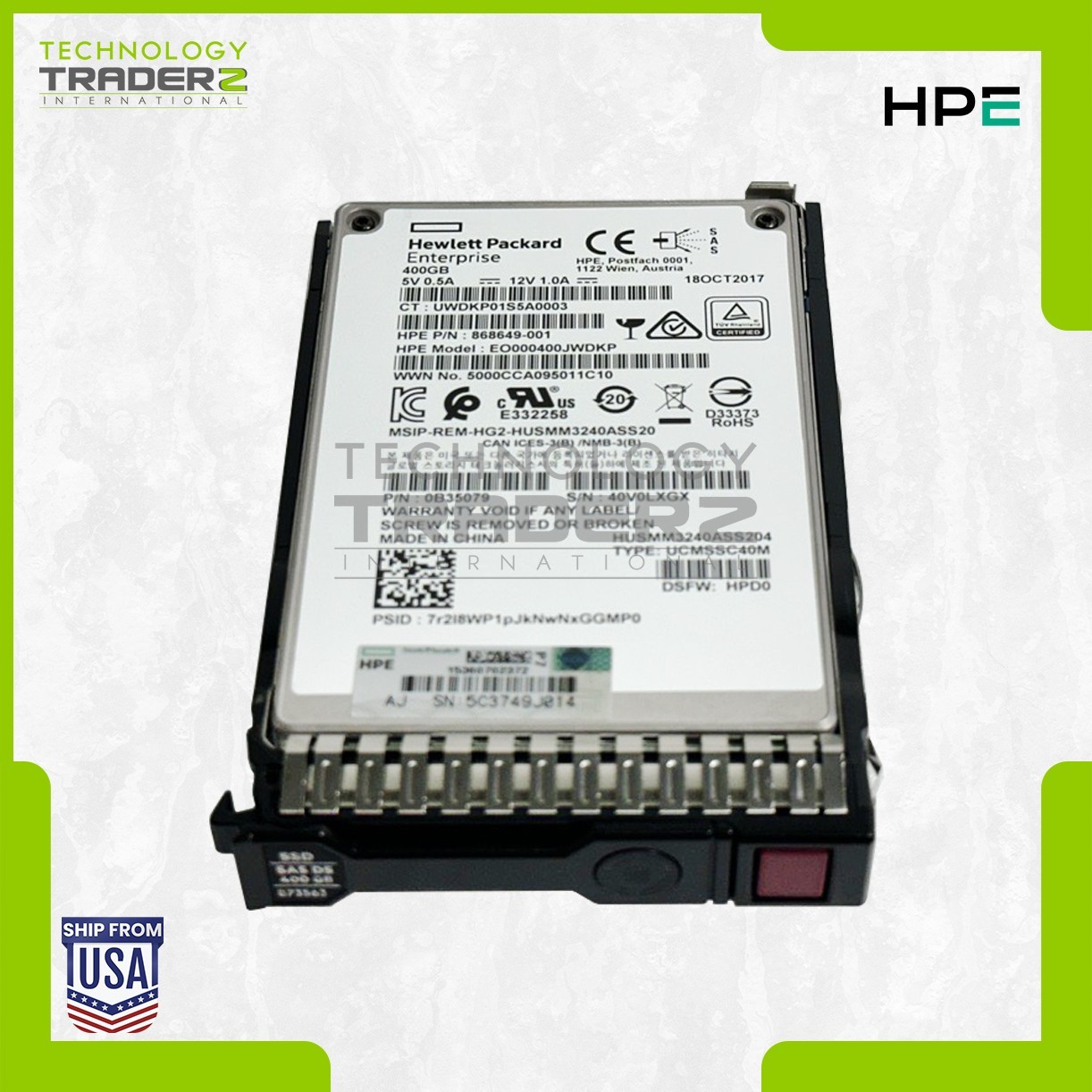 873351-B21 HPE 400GB MLC SAS 12Gbps WI 2.5" SSD 868649-001 873563-001