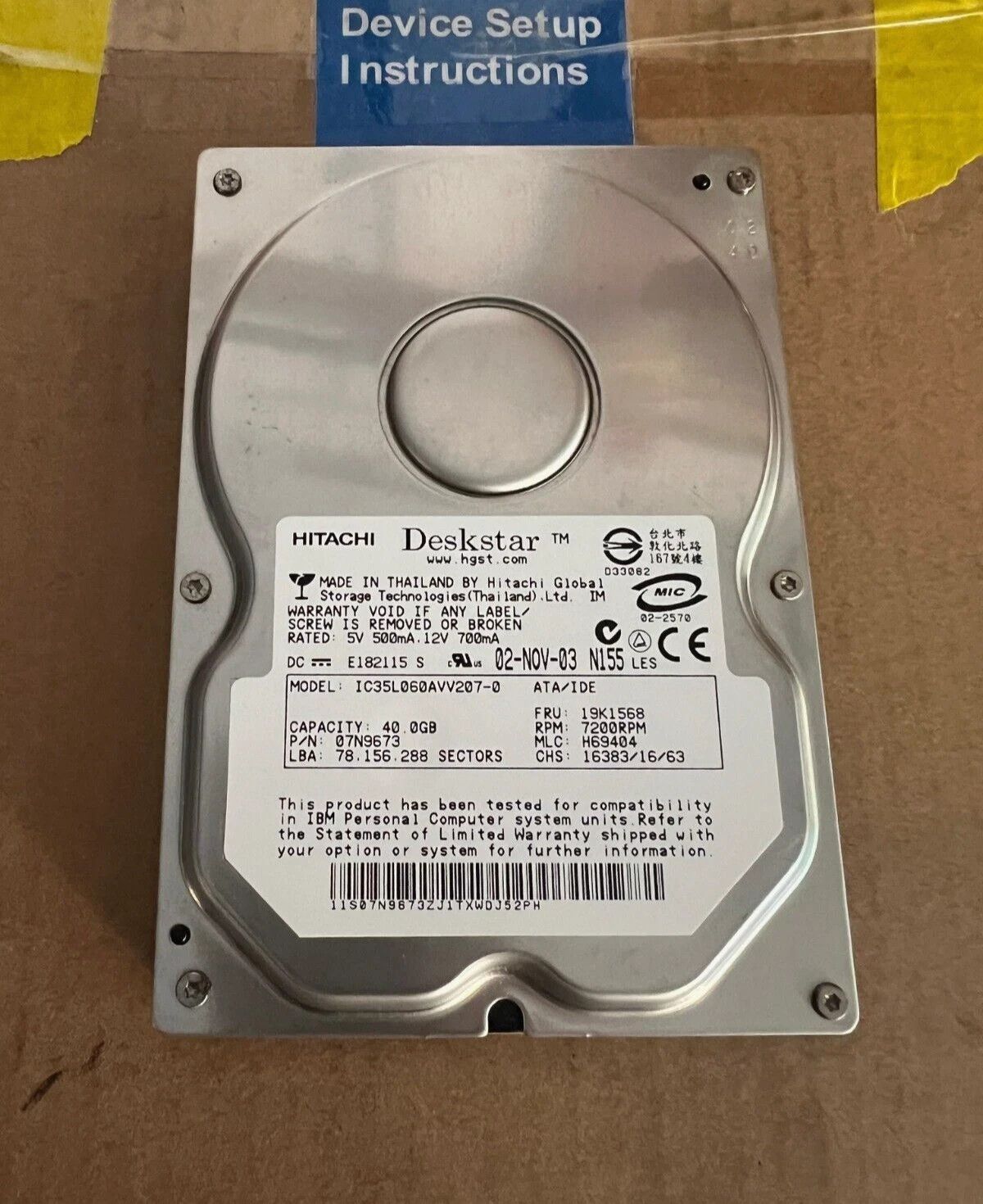 7200 RPM Hitachi Deskstar IC35L060AVV207-0 IDE 40GB 07N9673 Hard Disk Drive