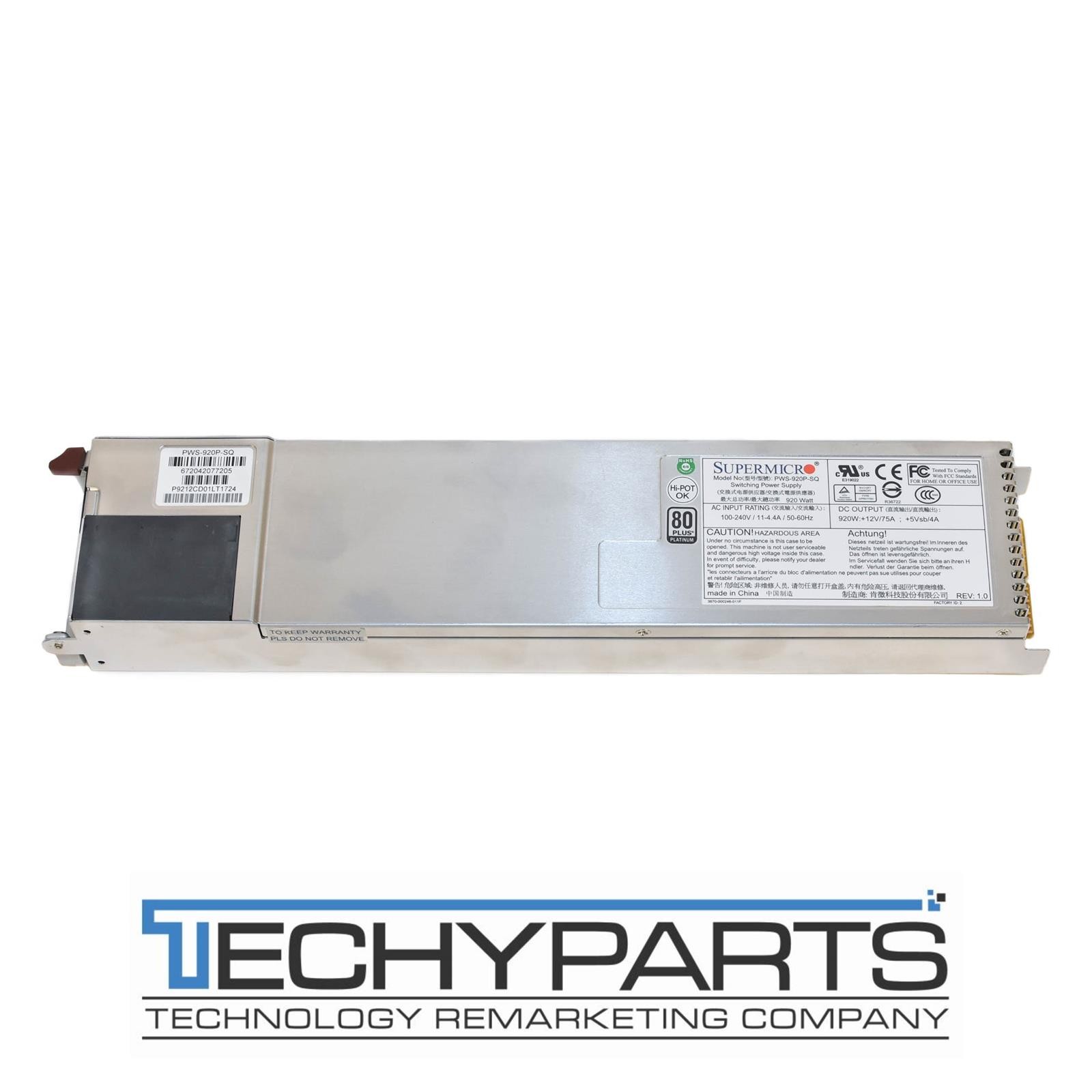Supermicro PWS-920P-SQ 920W 1U 80 Plus Platinum Redundant Switching Power Supply
