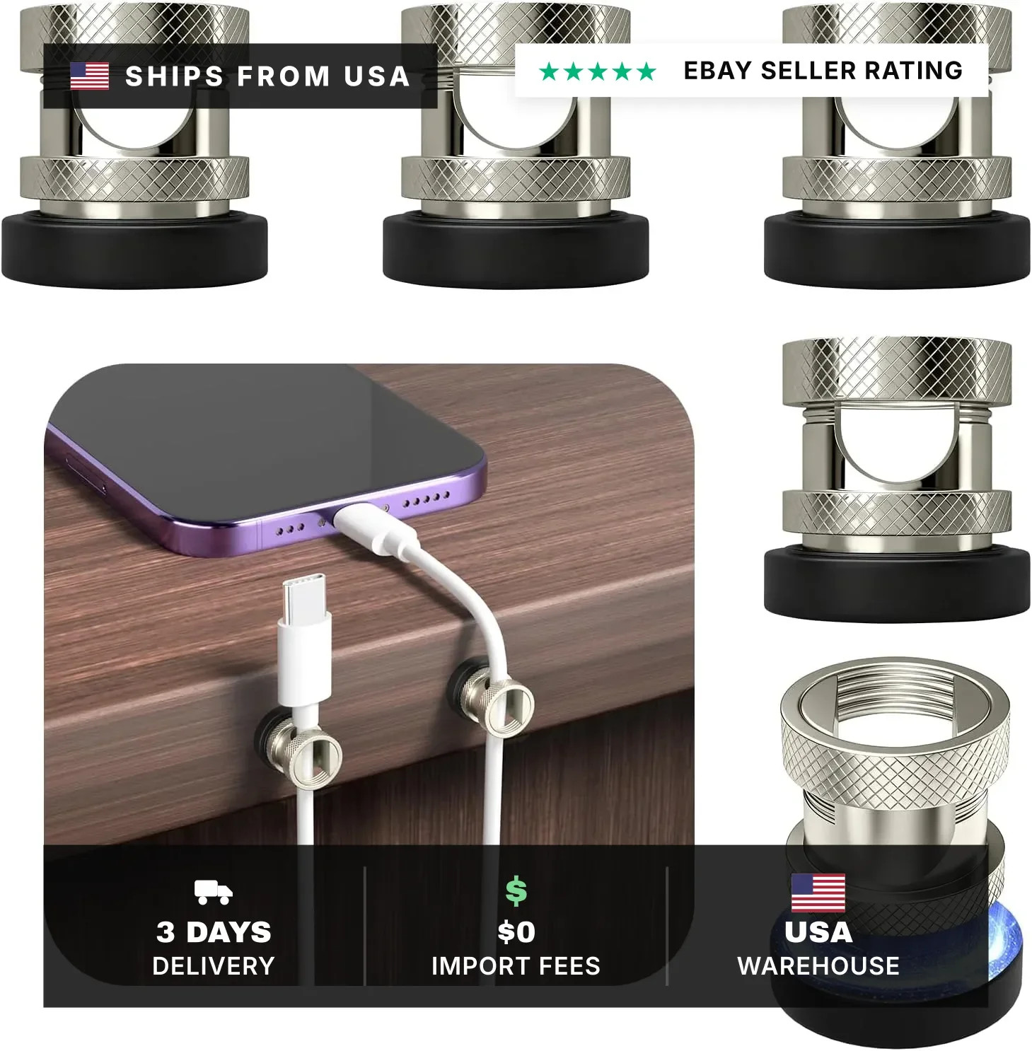 Magnetic Cable Clips 6Pcs, Stainless Steel Cord Anchor, Metal Silver