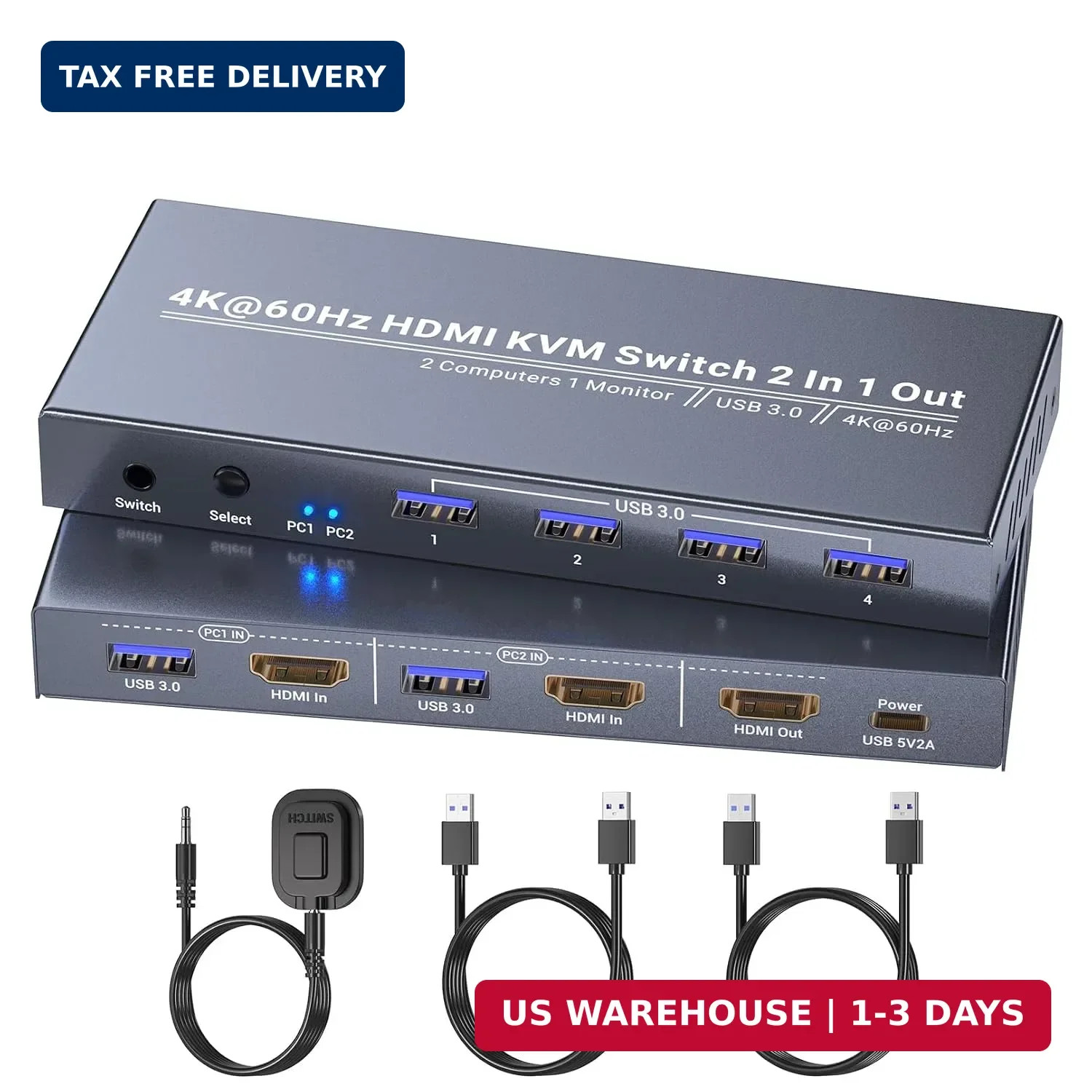 2 Port HDMI KVM Switch 1 Monitor 2 Computers, Control 2 PCs with 1 Set of Keyboa