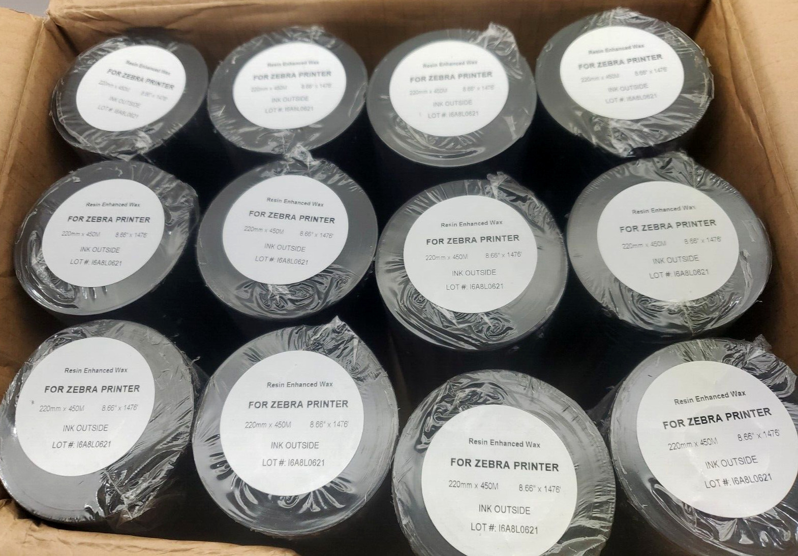 case of 12, Thermal Transfer Ribbons from RRD , Z2052,  Wax/Resin, 8.66" x 1476'