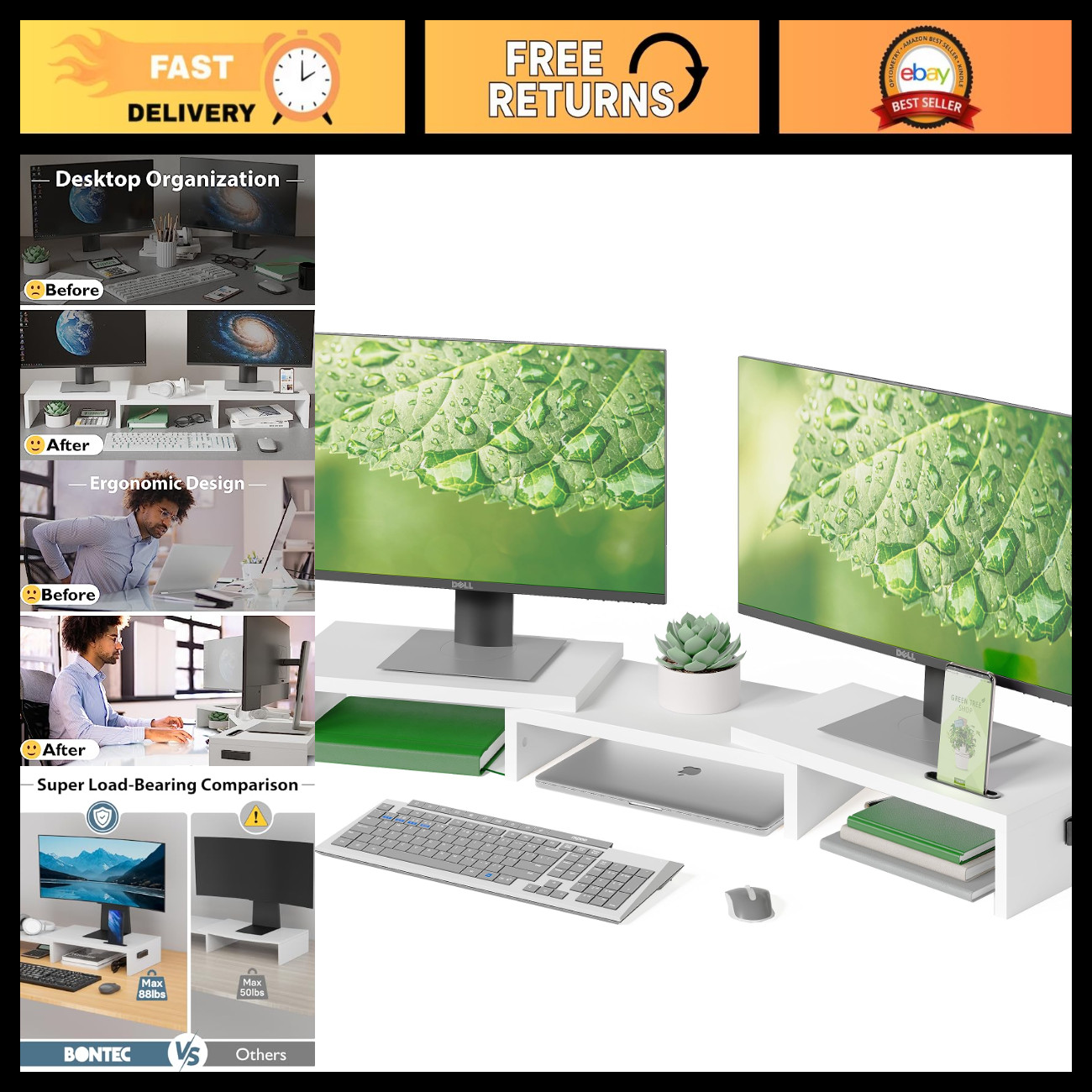 Adjustable Dual Monitor Stand Riser, Swivel Angle, Ergonomic Height, White