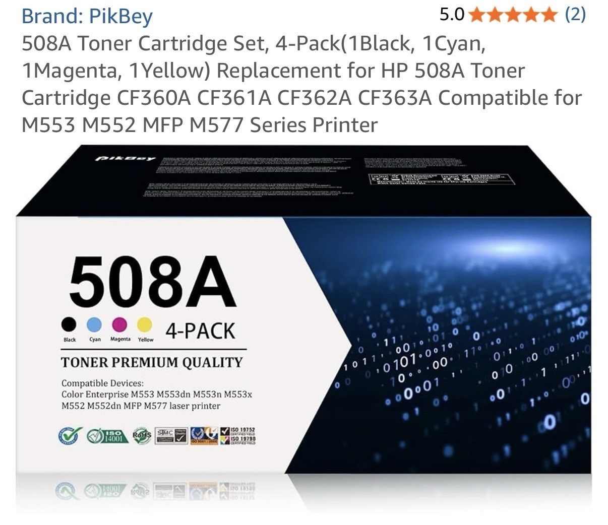 New In Box - PikBey 508A Toner Cartridge Set. HP 552M 553M 577M, CF360A-363A