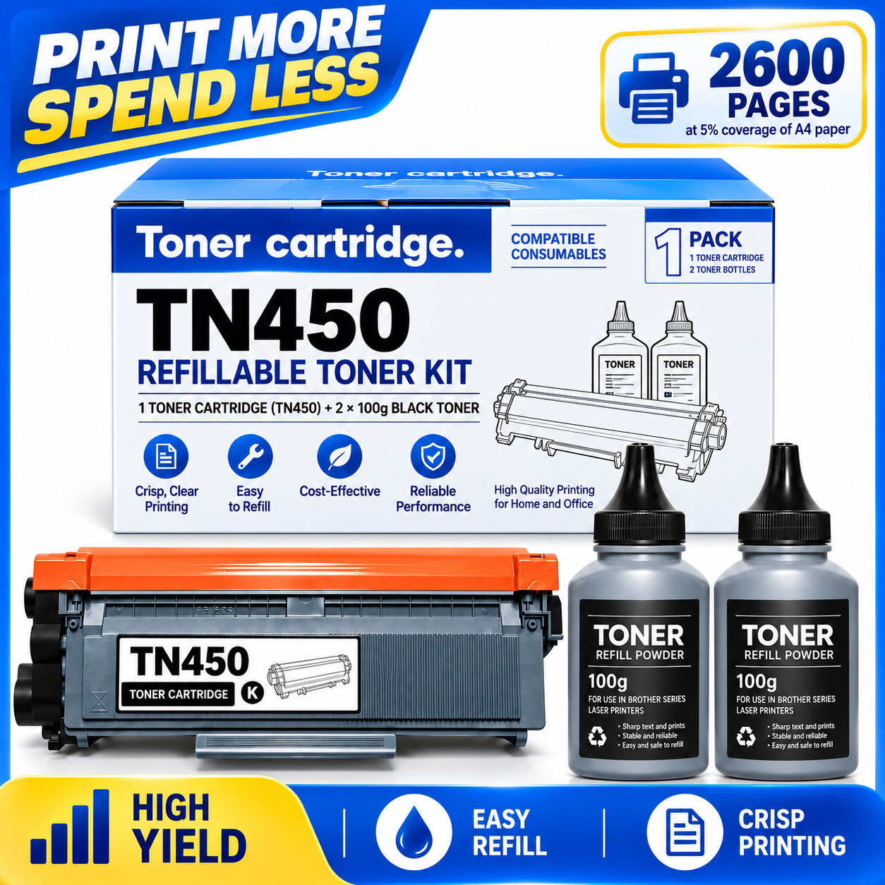 TN450 TN-450 Toner Cartridge Refillable For HL-2270DW MFC-7470 IntelliFax 2840 