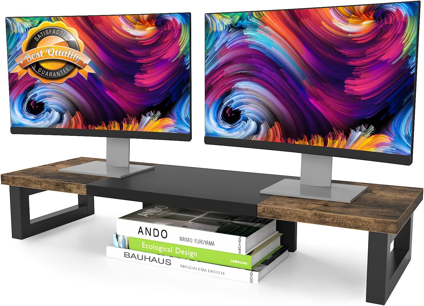 Dual Monitor Stand Riser Wood Steel Desktop Storage for 2 Monitors TVs