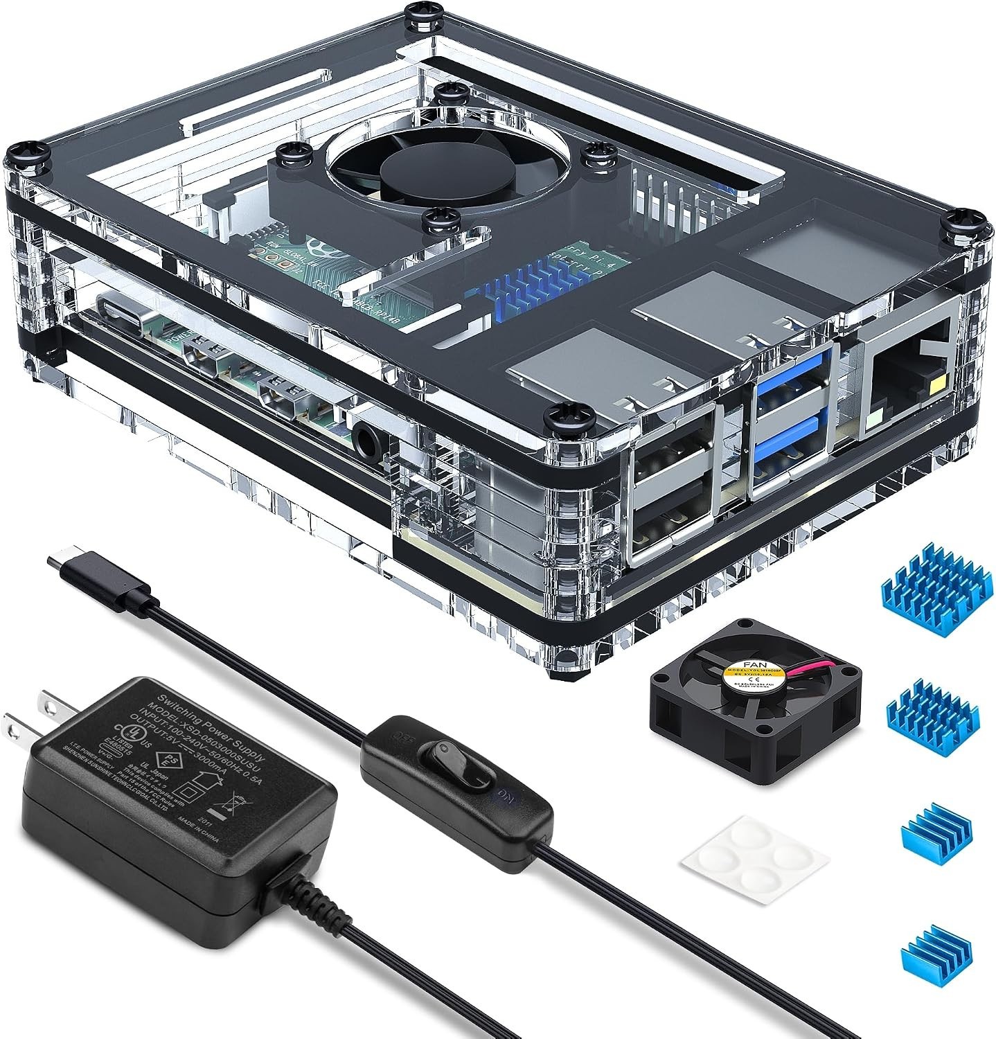 Miuzei Case for Raspberry Pi 4 with Fan 5V 3A Power Supply 4 Pcs Heatsinks