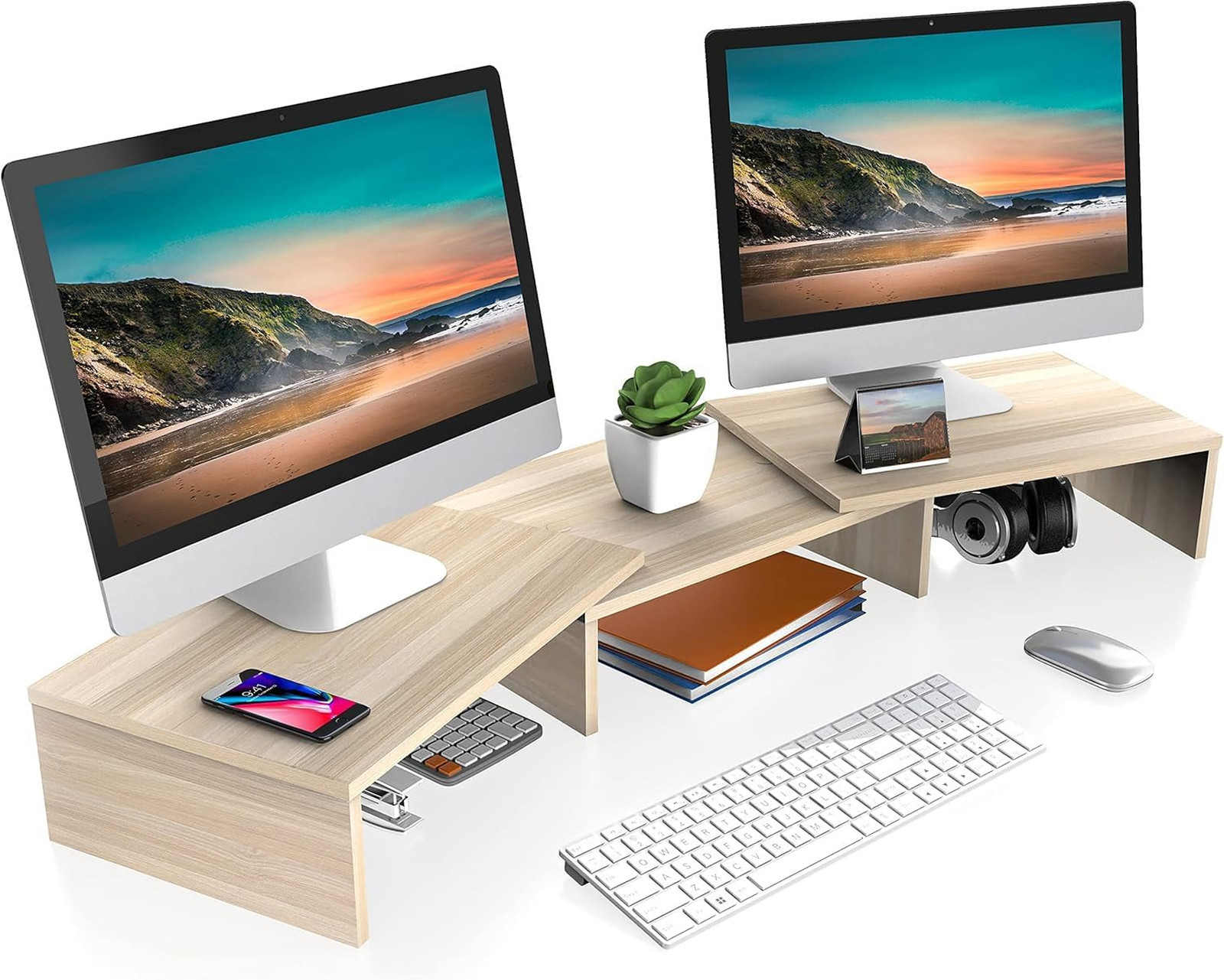 Dual Monitor Stand Riser Adjustable Oak 42.7 Inch for Two Monitors Ergonomic