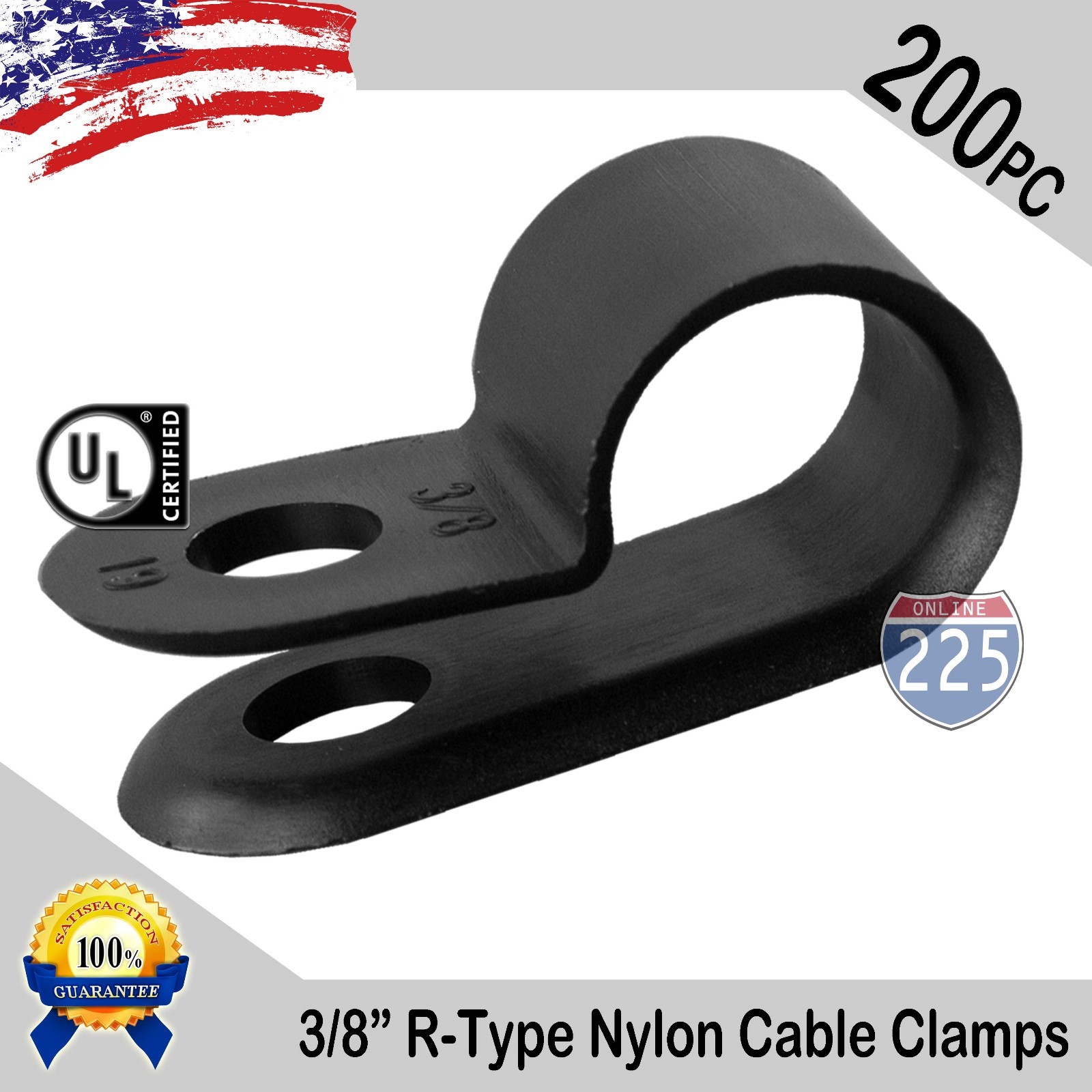 200 PCS PACK 3/8" Inch R-Type CABLE CLAMPS NYLON BLACK HOSE WIRE ELECTRICAL UV