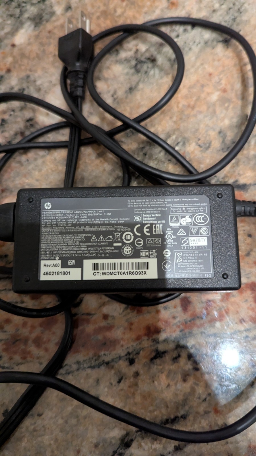 Genuine HP 65W AC Adapter 19.5V 3.33A Model TPC-CA54 P/N 708778-001 w/Cord OEM