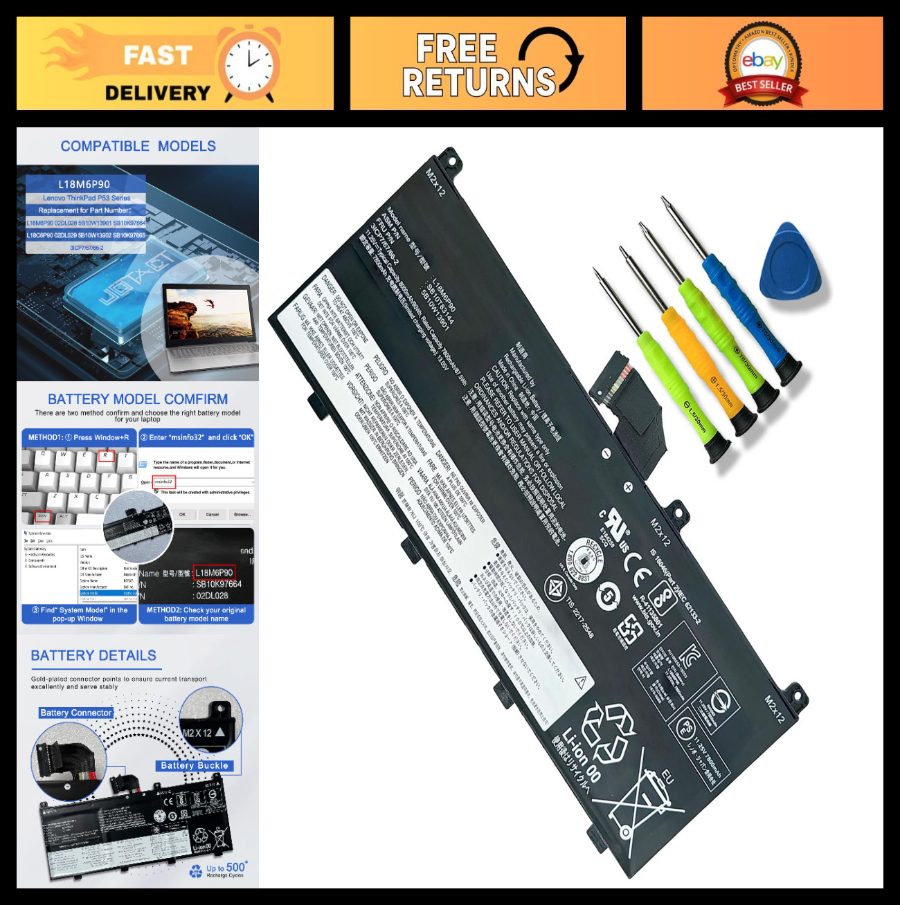 High-Capacity 90Wh Laptop Battery for ThinkPad P53 Series - 8000mAh, 6-Cell