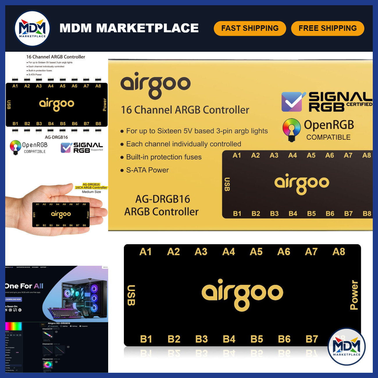 16-Port Magnetic USB ARGB Controller for SignalRGB & OpenRGB - RGB Lighting Hub