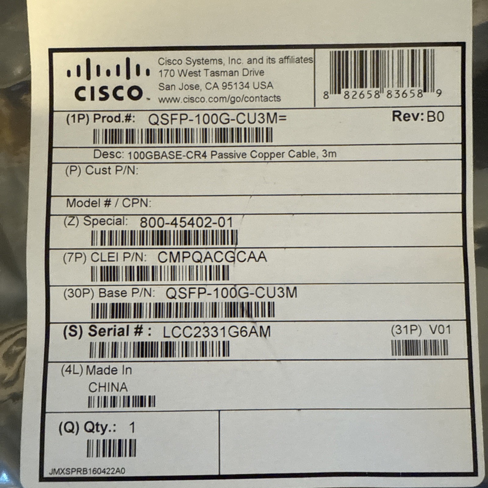 NEW Cisco QSFP-100G-CU3M= 100gbase -CR4 /3m Passive Copper Cable