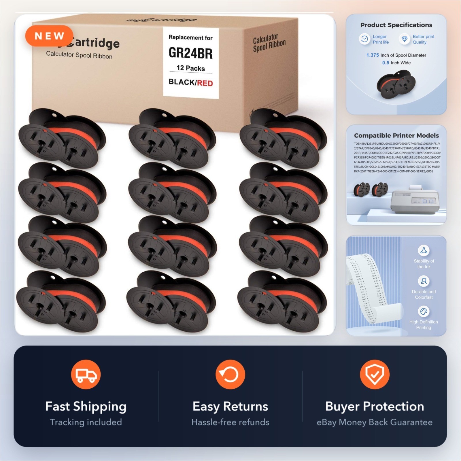 Calculator Ink Ribbon Twin Spool Black Red 12 Pack for Sharp EL-1197 NuKote