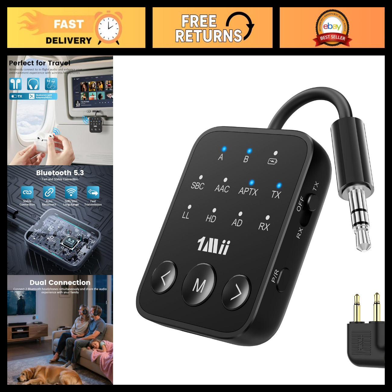 Bluetooth 5.3 Transmitter Receiver for Airplane & TV - SafeFly Dot2 Wireless Aud