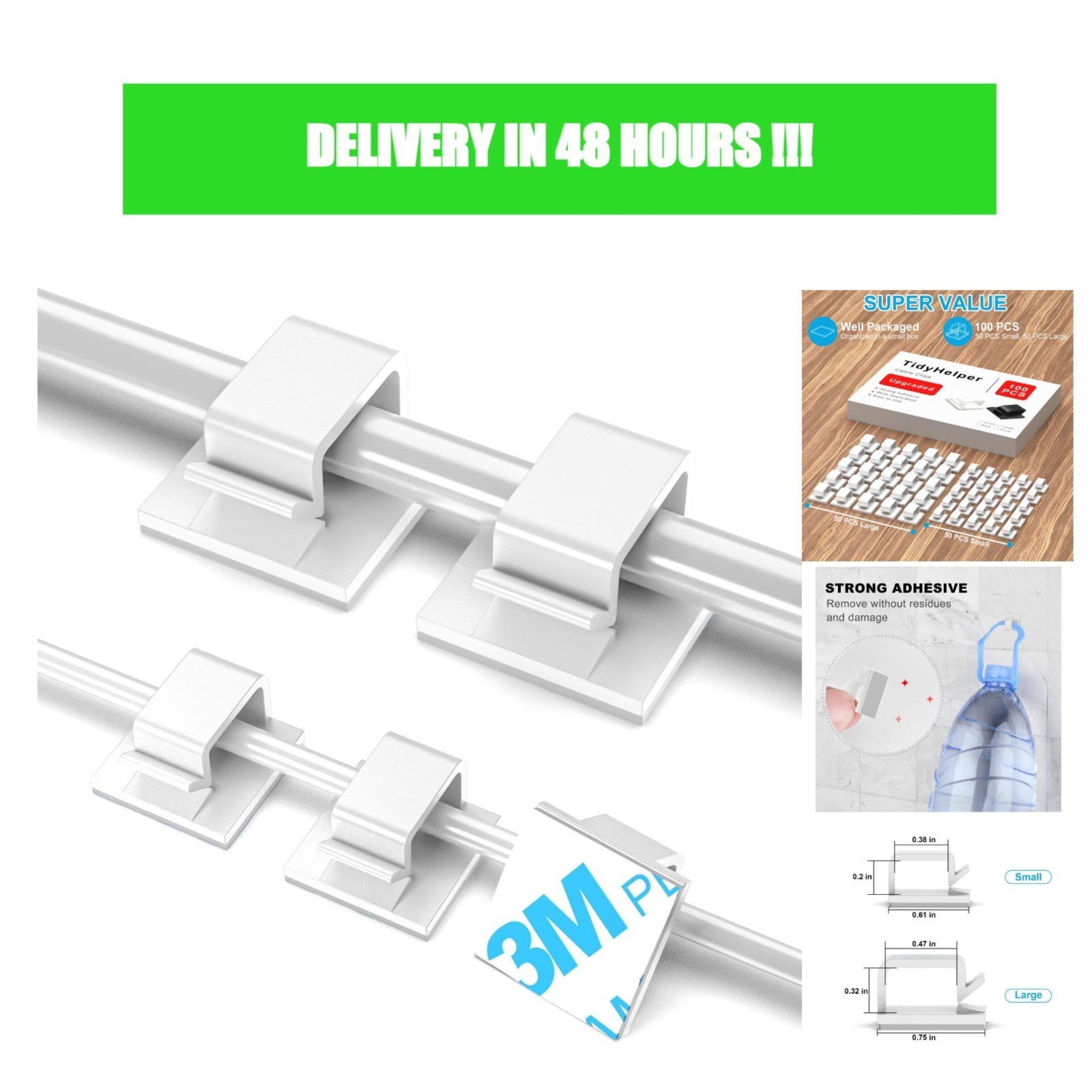 TidyHelper 100 Pcs Adhesive Cable Clips White Small & Large Wire Organizer