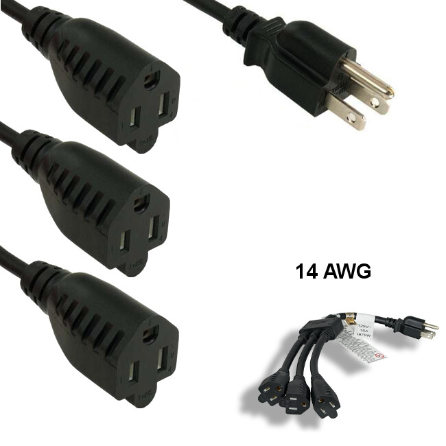 KNTK 24" Power Splitter Cable NEMA5-15P to 3x NEMA5-15R 14AWG 15A 125V SJT UL