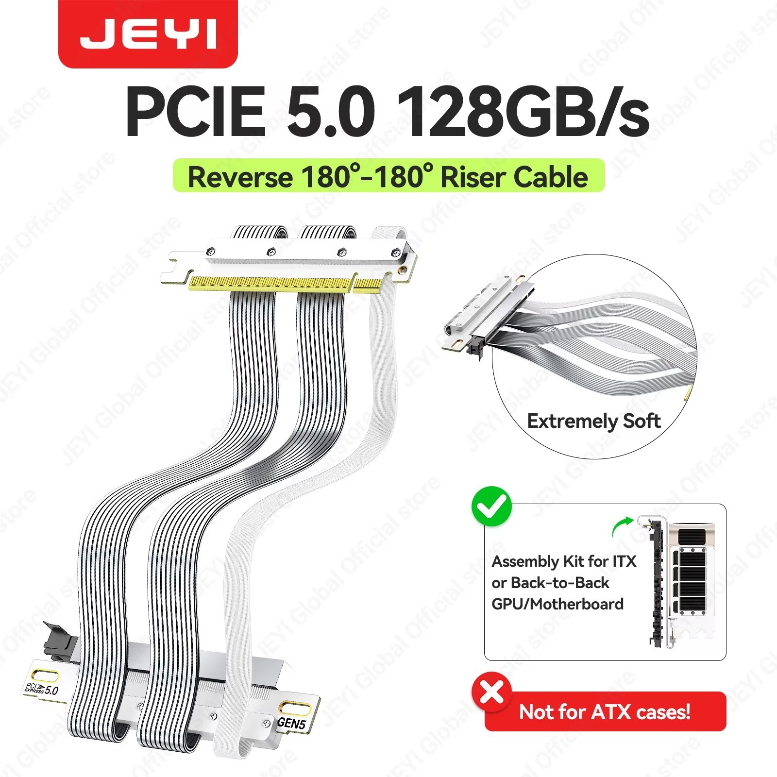 JEYI PCIe 5.0 x16 GPU Riser Cable 180° Dual Reverse ITX 128GB/s 18.5-25cm