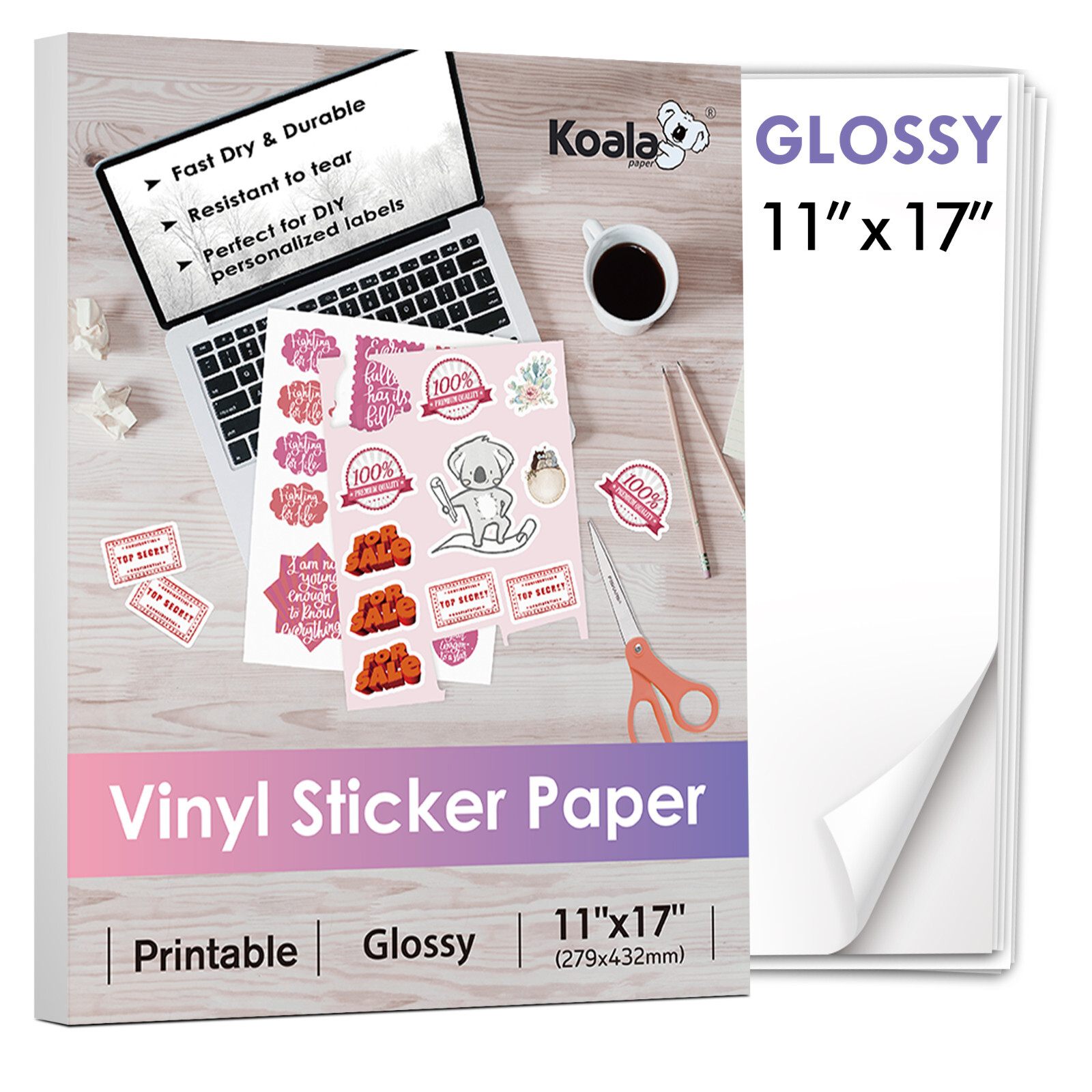 30PK Koala Vinyl Sticker Paper 11x17 Glossy for Inkjet Laser Printers Waterproof