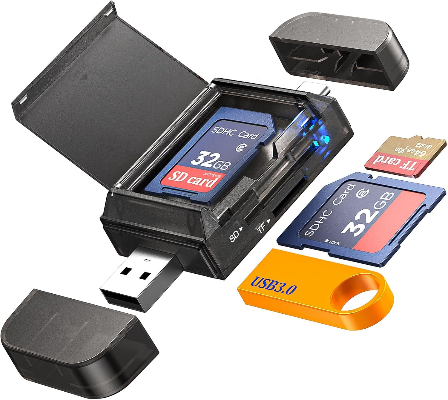 6-In-1 SD/TF Card Reader Adapter with SD Card Storage USB a & Type C Port & USB