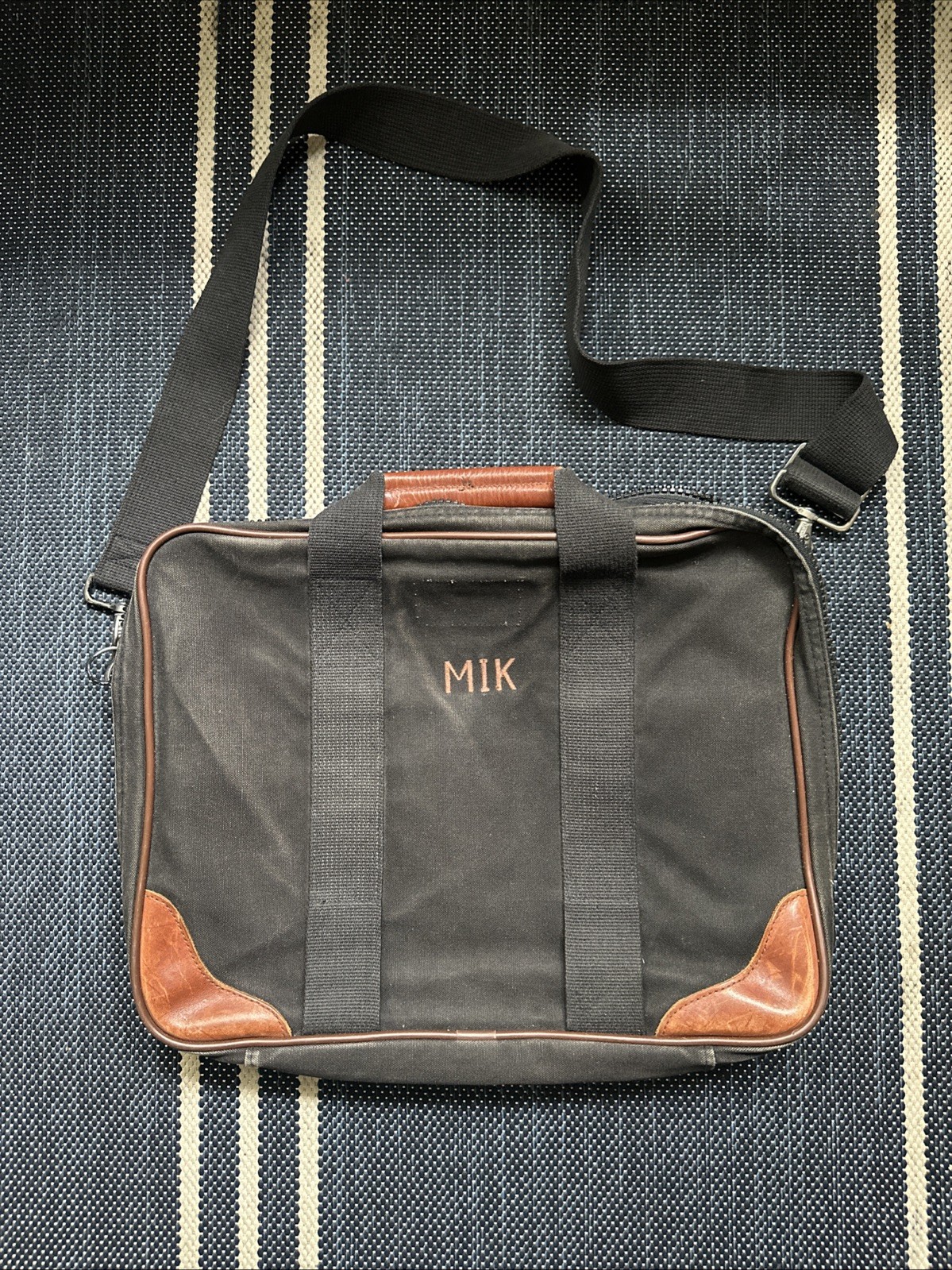 Lands End Vintage Square Rigger Black Canvas Brown Leather Briefcase Laptop Bag
