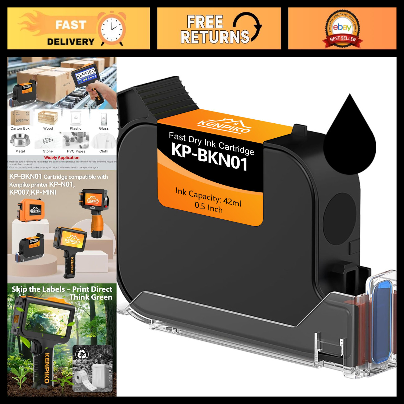 0.5in Black Fast Dry Ink Cartridge for Handheld Inkjet Printer - 42ml Solvent In