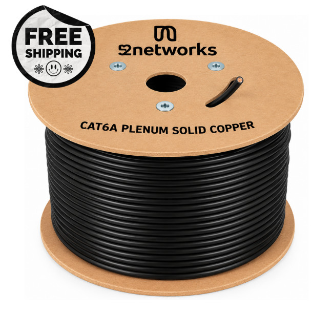 52Networks Cat6A Plenum Solid Copper 23AWG UTP 1000ft, Wooden Spool in 7 Colors