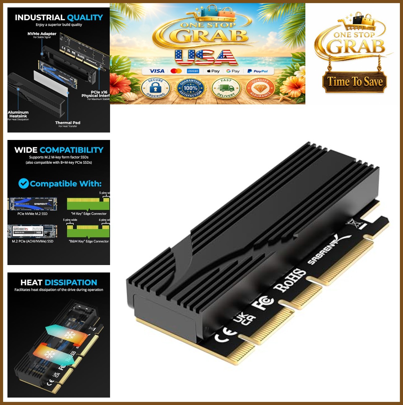 M.2 NVMe SSD PCIe x16 Adapter Card Gen5 Heatsink Tool-Free Install No Screws