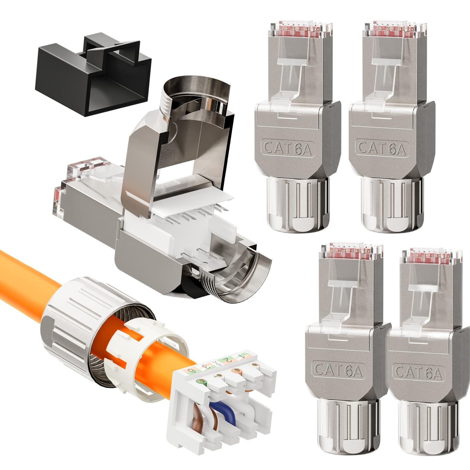 CAT6A RJ45 Toolless Connector 6 Pack, Zinc Alloy Shielded Tool Free Ethernet ...