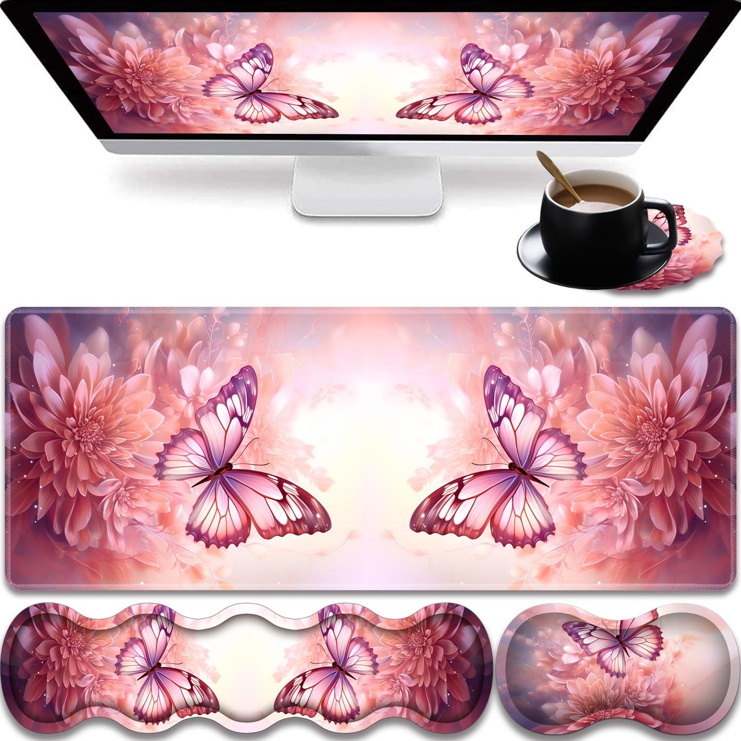 FOKBVNFLL Gaming Mouse Pad Set, Color Pink Butterfly Flower
