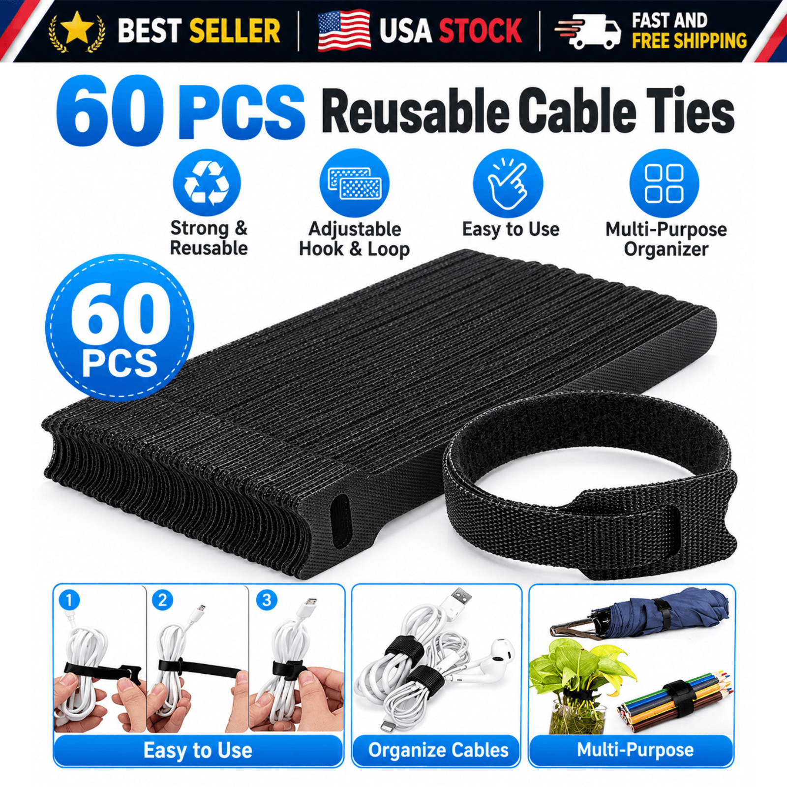 Cable Ties Reusable 60 Pack 6 Inch Adjustable Cord Straps Nylon Wire Organizer