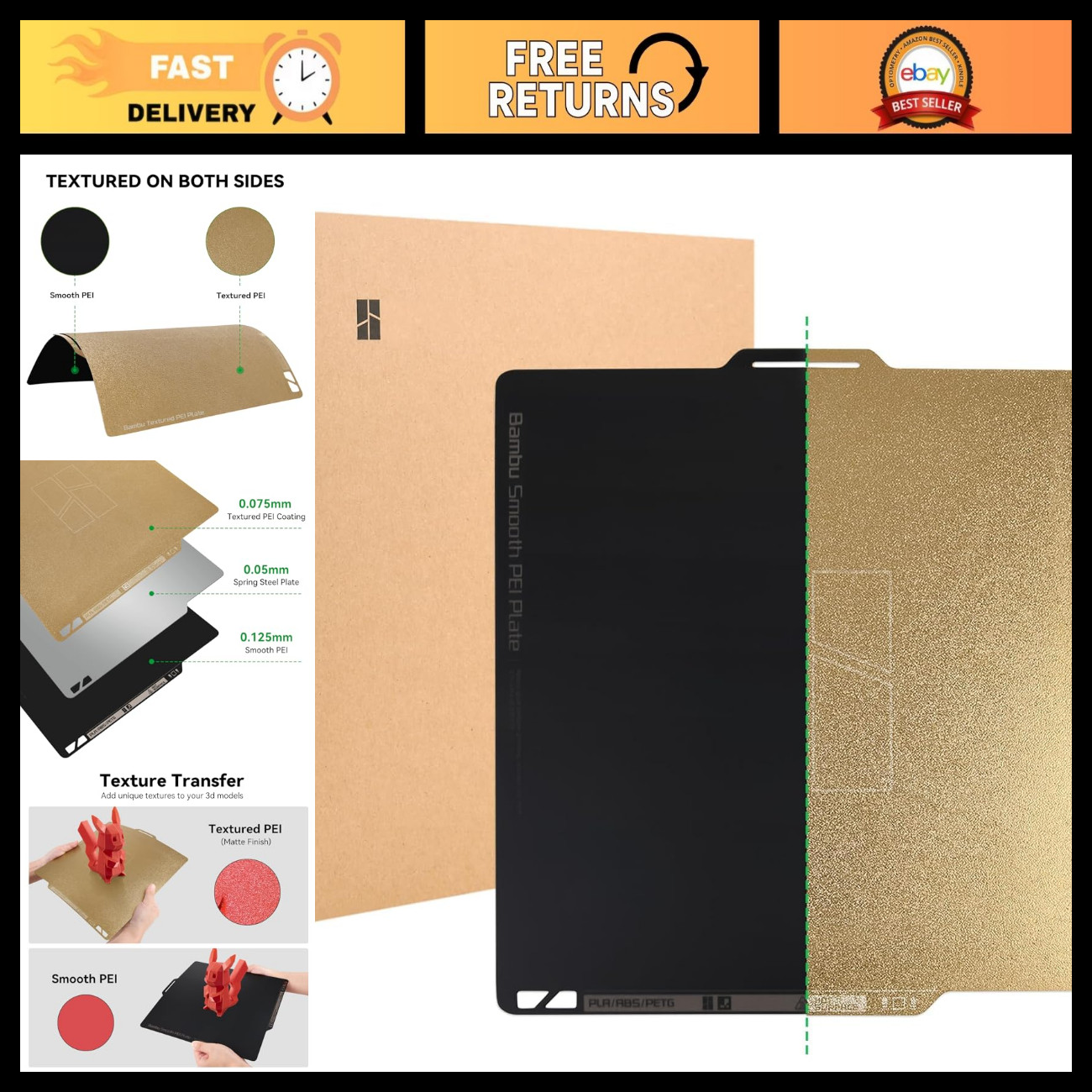 Dual-Sided PEI Build Plate for 3D Printers - Textured/Smooth, Removable Surface