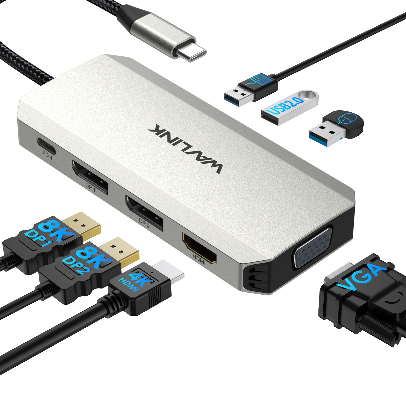 USB C Docking Station Quad Monitor Hub 2x DisplayPort HDMI VGA 95W PD up to 8K