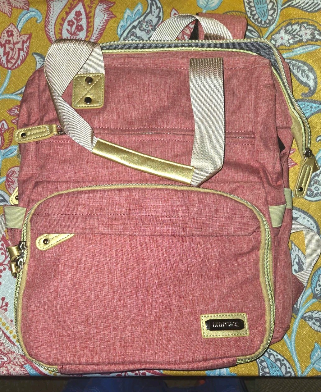  Pink/Beige Laptop Backpack  Padded Sleeve Built-In USB Pockets Galore 