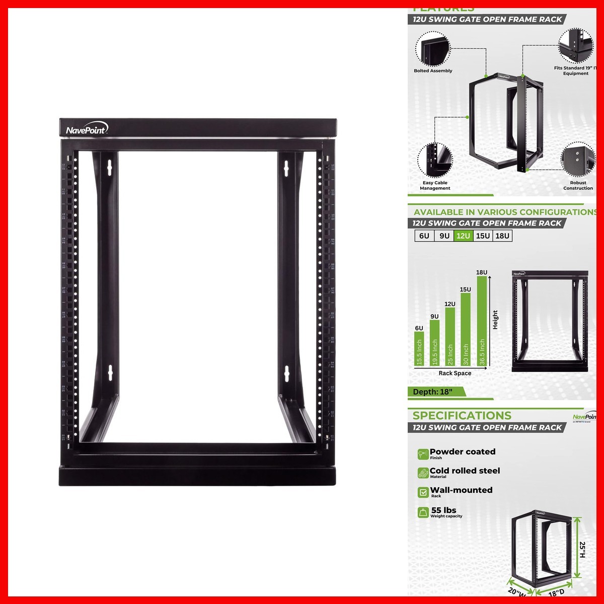 NavePoint 12U Server Rack Swing Gate - Wall Mount Rack 19 Inch IT Equipment