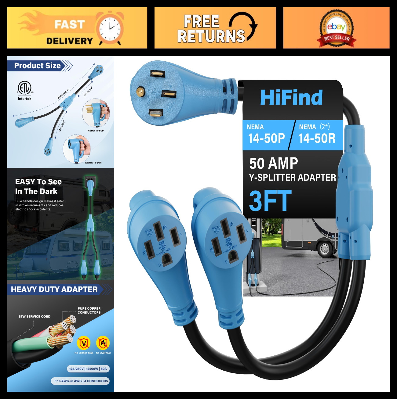 50 Amp Y Splitter Adapter Cord 3ft for RV EV Charging, 250V NEMA 14-50P to (2) 1