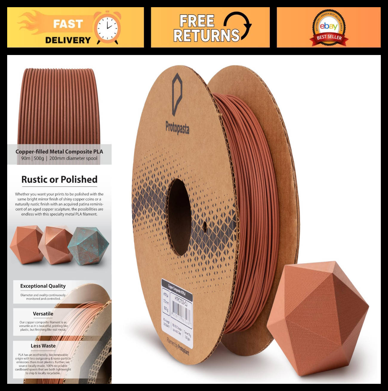 Copper-Filled PLA 3D Printer Filament | 60% Copper Metal Composite | Polish & Pa