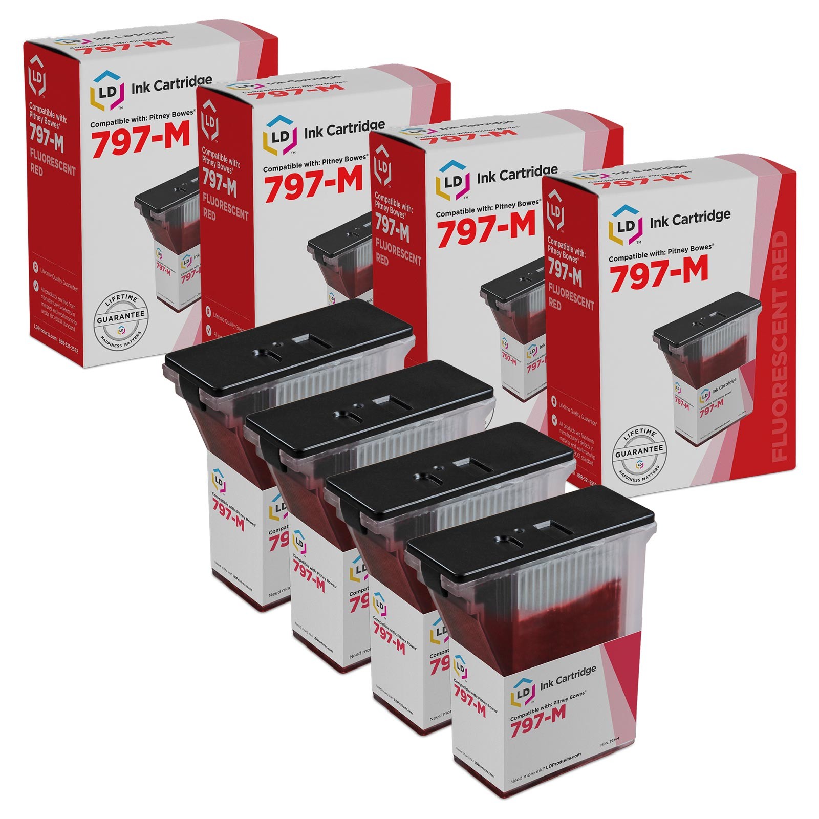 LD Comp Pitney Bowes 4pk Fluorescent Red 797-M Ink MailStation2 K7M0