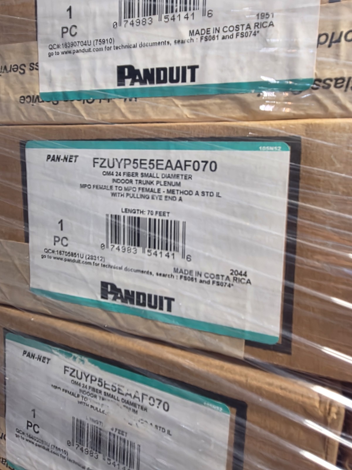 PANDUIT OM4 24 Fiber Sm Diameter Indoor Trunk MPO to MPO 70 Ft FZUYP5E5EAAF070