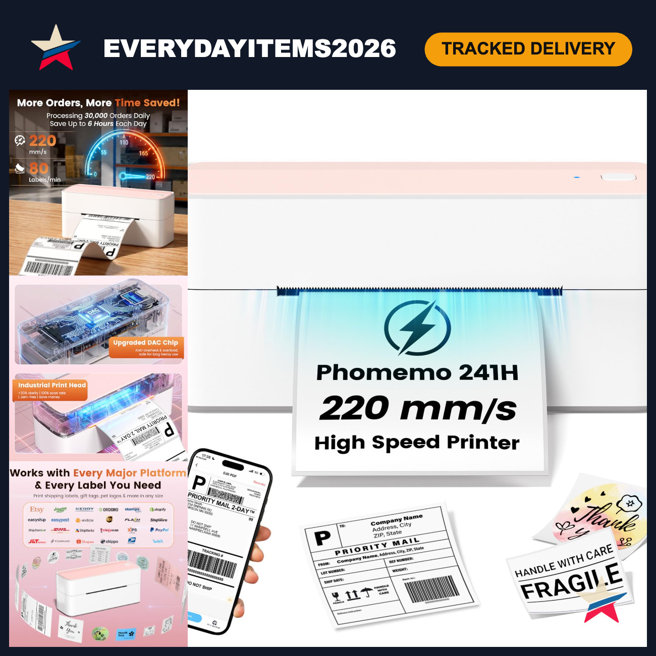 High-Speed Thermal Label Printer, 241H, 20 Labels, Portable, Easy Setup, Fast Pr