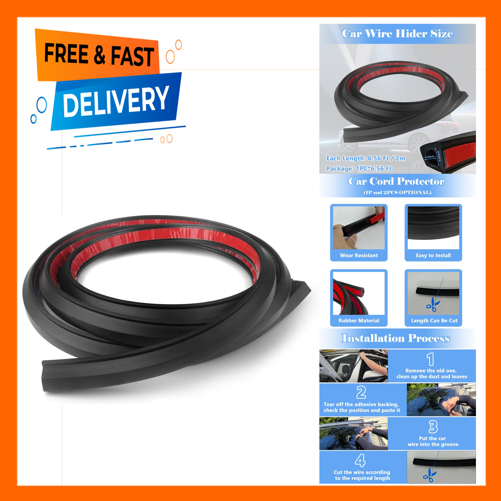 Car Wire Hider Rubber Cable Organizer for Roof Rack Light Bar 6.56 ft Universal